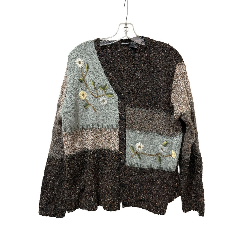 North Crest Womens Large Brown Patchwork Floral Embroidered Boucle Cardigan L